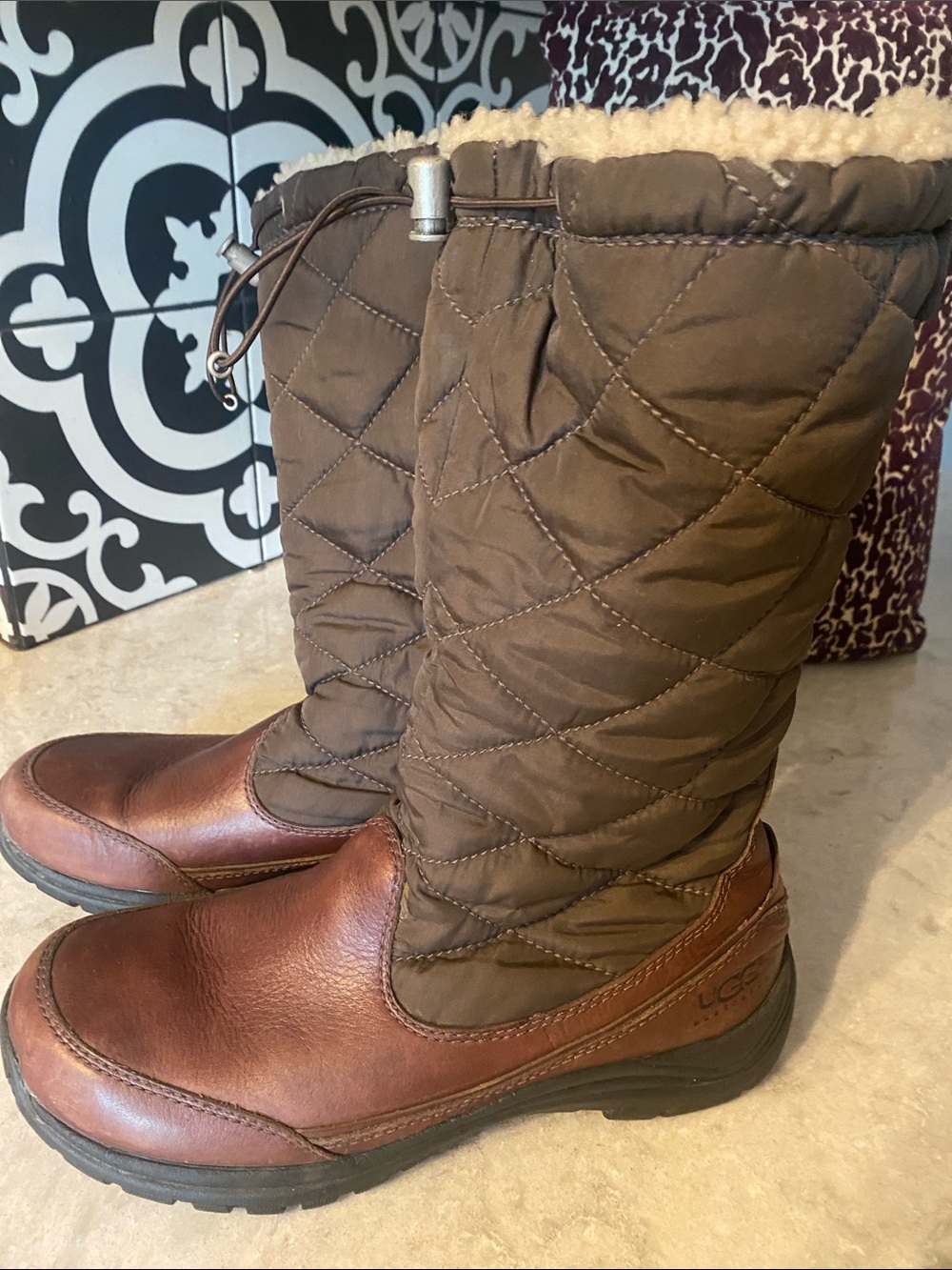 UGG Brown Quilted Leather & Fabric Winter Boots with Shearling Trim